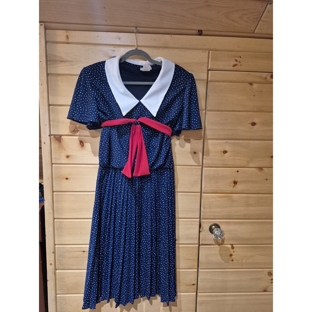 Vintage Women's Sailor Style Blue Polka Dot Red Sash Size 10 Dress Made In USA